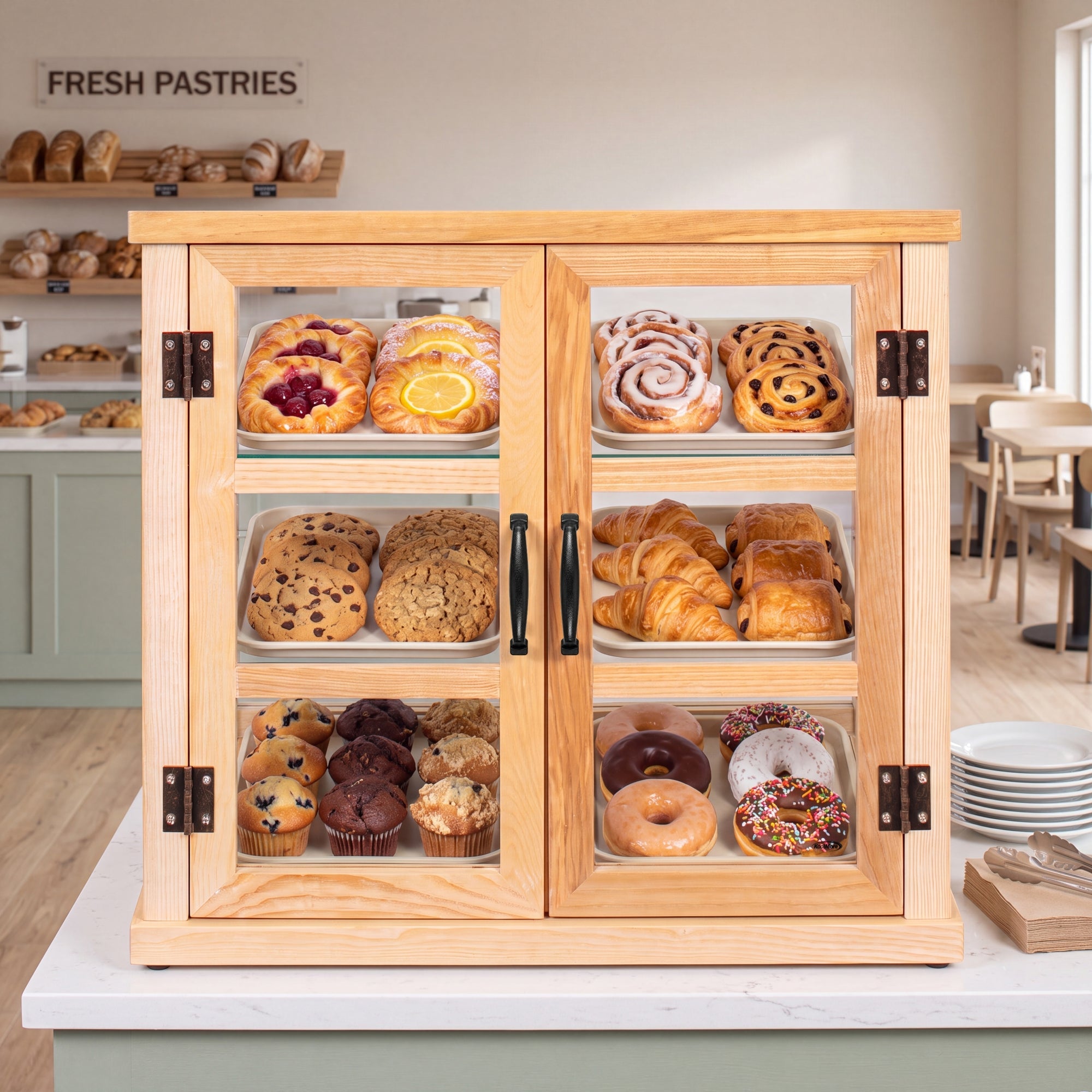 25 in. 3-Tier Paneled Rustic Style Wooden Bakery Display Case with Swing Doors in Beige