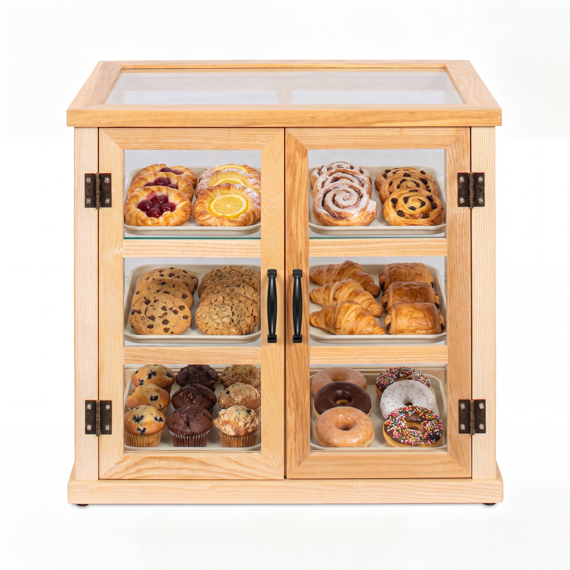 25 in. 3-Tier Paneled Rustic Style Wooden Bakery Display Case with Swing Doors in Beige