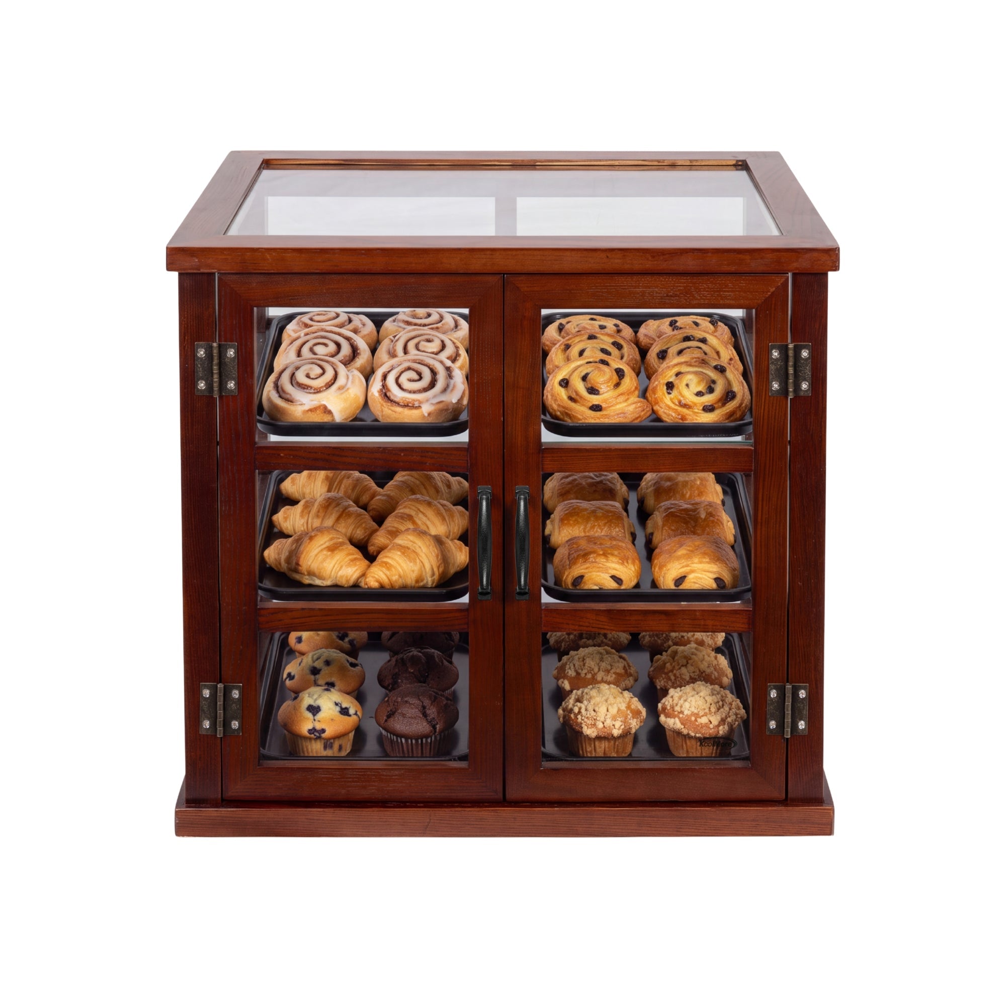 25 in. 3-Tier Paneled Wooden Bakery Display Case with Swing Doors in Brown