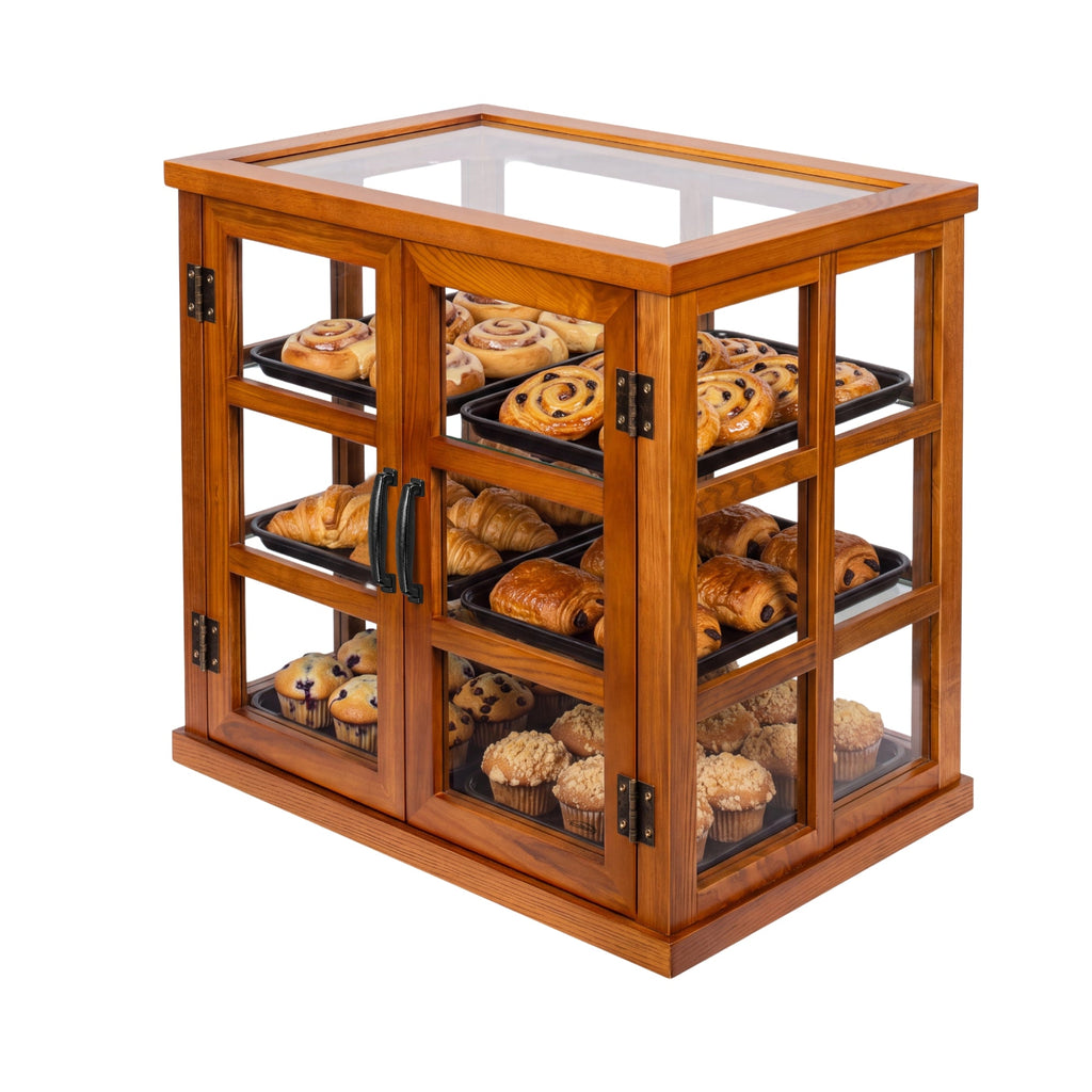 25 in. 3-Tier Paneled Wooden Bakery Display Case with Swing Doors in Light Brown