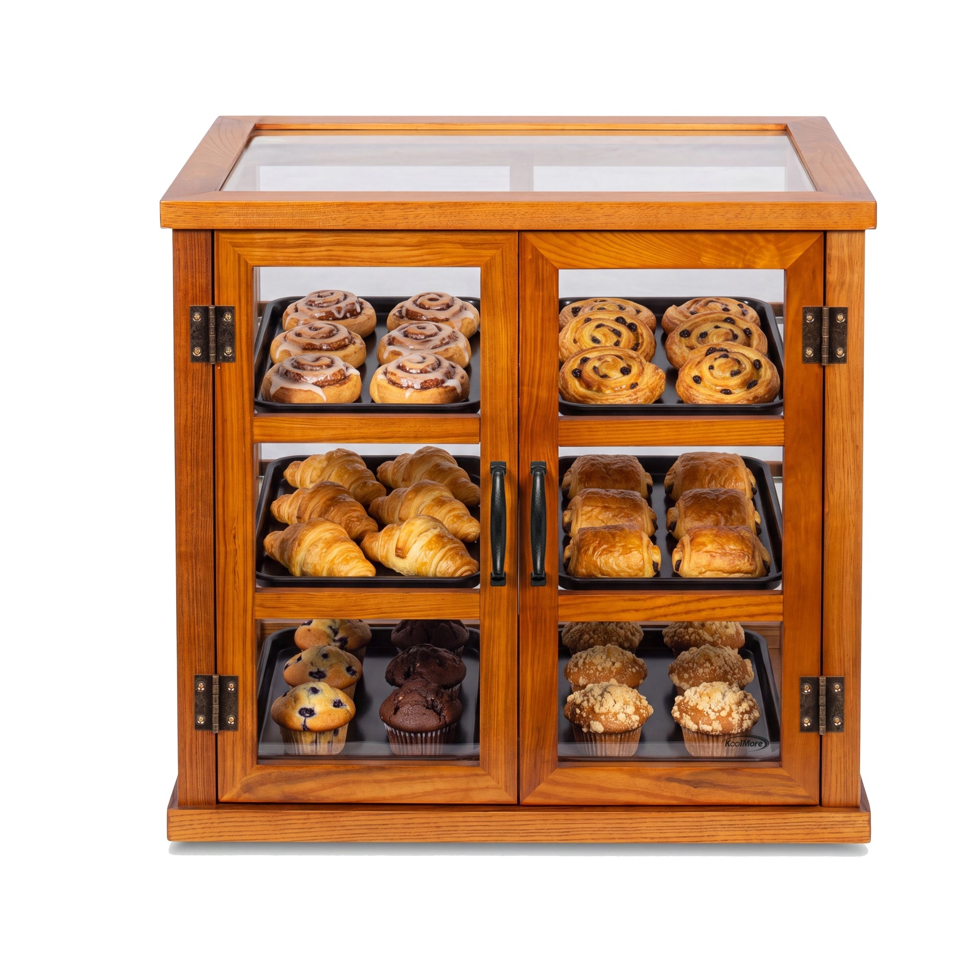25 in. 3-Tier Paneled Wooden Bakery Display Case with Swing Doors in Light Brown