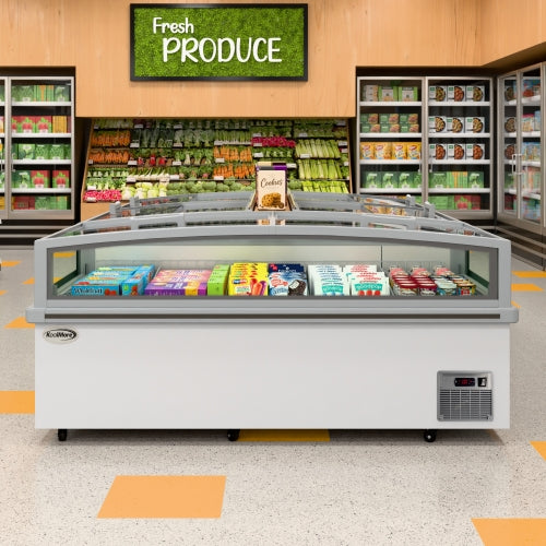 77 in. 27.5 cu. ft. Commercial Auto Defrost Convertible Aisle-End Island Freezer/Refrigerator in White