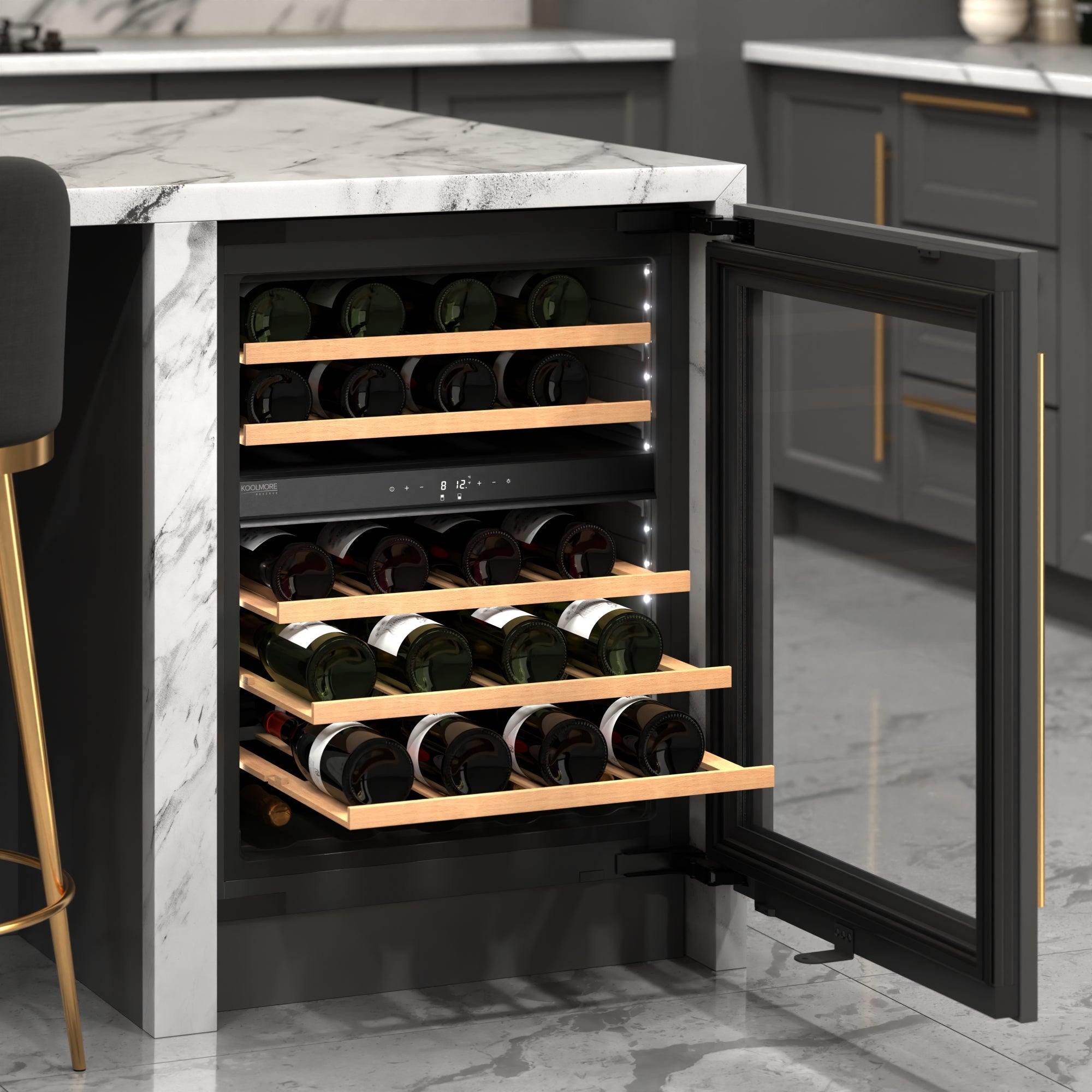 KoolMore Reserve 24 in. Under-Counter Panel Ready Dual Zone Built-in Wine Cooler with 45 Bottle Capacity and Wooden Shelves in Black