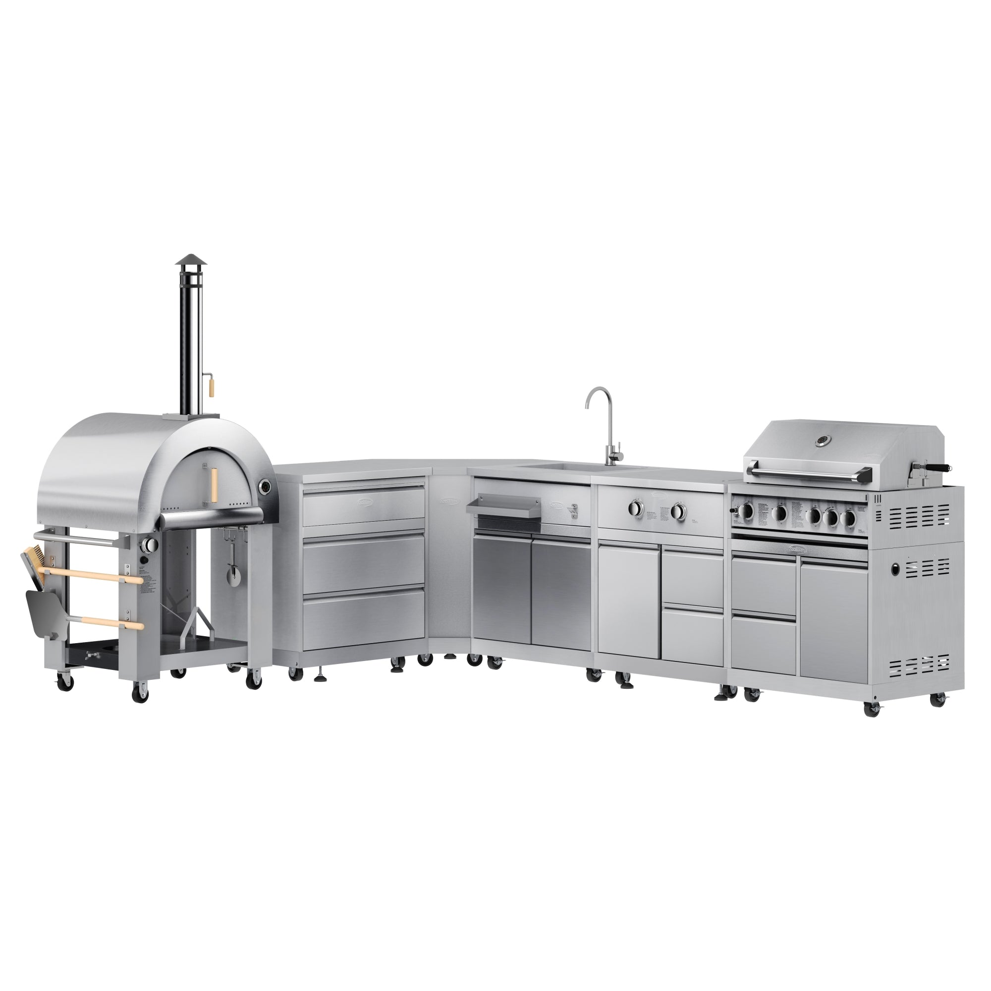 KoolMore Outdoor Kitchen Series Modular Kitchen with a Dual Fuel Pizza Oven, 3 Drawer Cabinet, Corner Cabinet, Sink, Side Buner, 30 in. BBQ Grill and Cabinet in Stainless-Steel