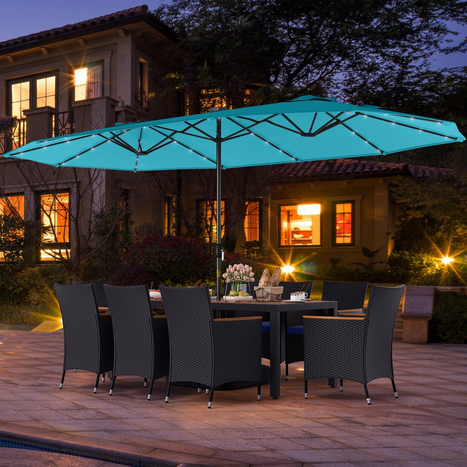 Costway 11-Pc Patio Dining Set w/ LED Umbrella Base Seat Cushions Navy 496781235 New