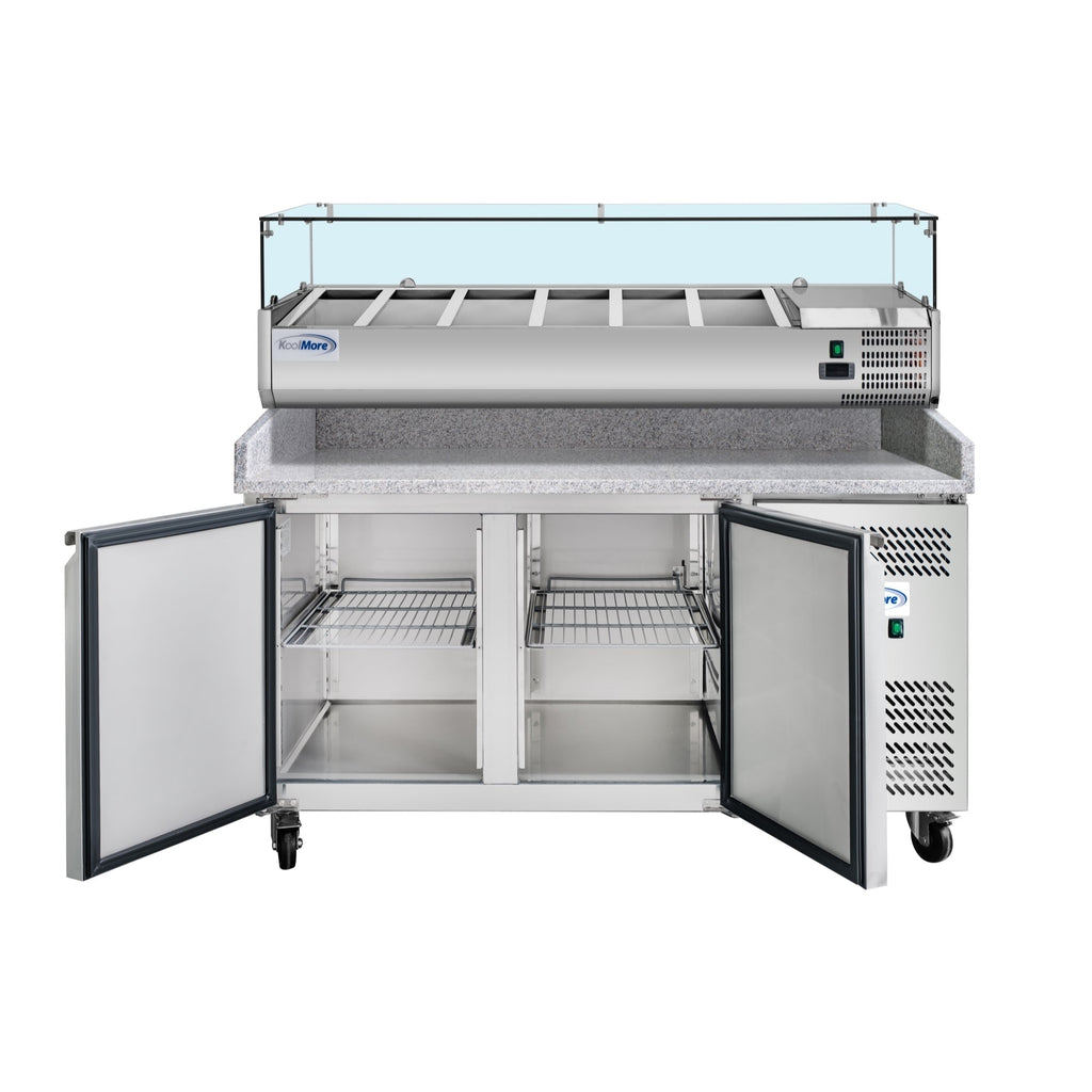 59 in. Commercial Refrigerated Granite Top Pizza Prep Station with Stainless Steel Refrigerated Condiment Pan Holder