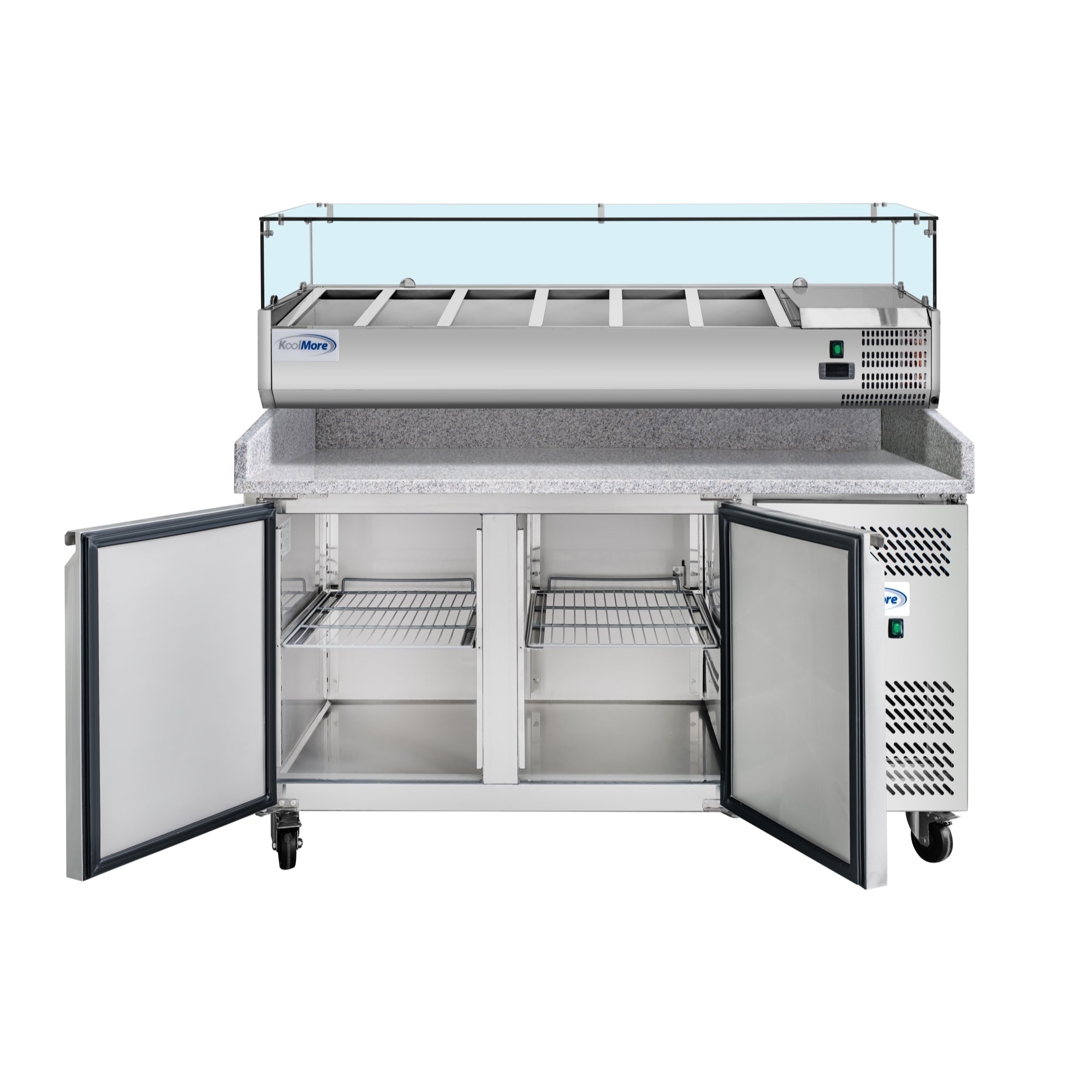 59 in. Commercial Refrigerated Granite Top Pizza Prep Station with Stainless Steel Refrigerated Condiment Pan Holder