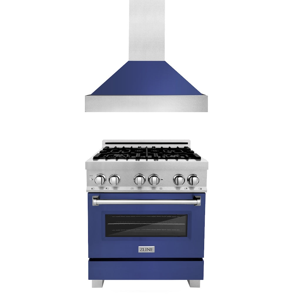 ZLINE 30 in. Kitchen Package with Satin Stainless Steel Dual Fuel Range with Blue Matte Door and Convertible Vent Range Hood (2KP-RASBMRH30)