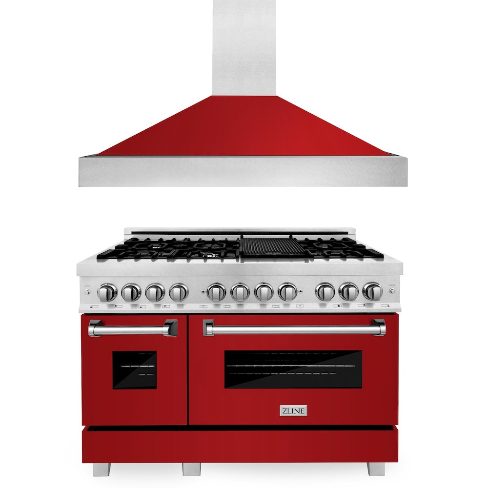 ZLINE 48 in. Kitchen Package with Satin Stainless Steel Dual Fuel Range with Red Gloss Door and Convertible Vent Range Hood (2KP-RASRGRH48)