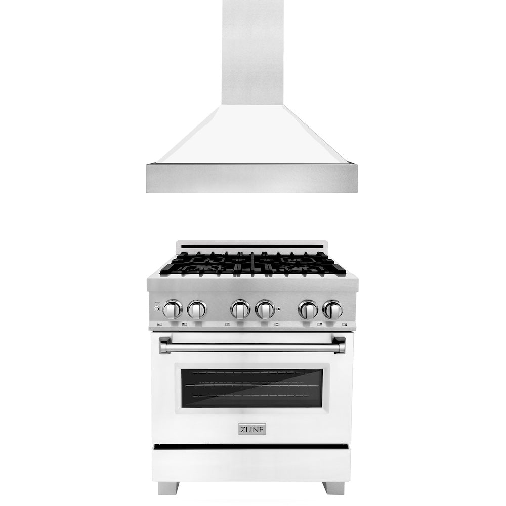 ZLINE 30 in. Kitchen Package with Satin Stainless Steel Dual Fuel Range with White Matte Door and Convertible Vent Range Hood (2KP-RASWMRH30)