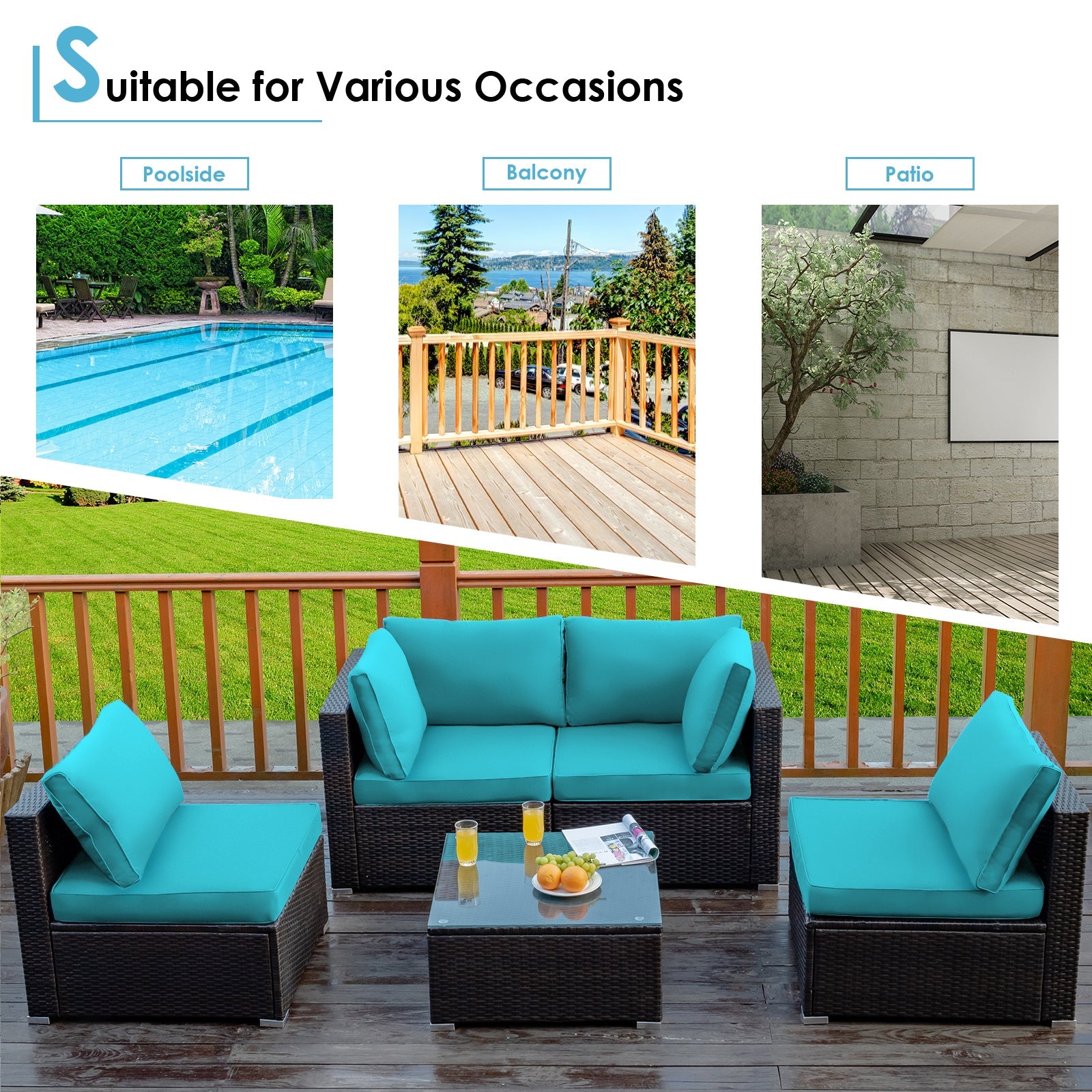Costway 5-Piece Cushioned Patio Rattan Sofa Set with Glass Table Turquoise 80457192 New