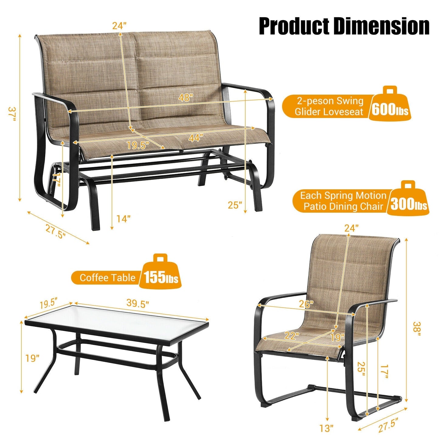 Costway 4-Piece Outdoor Patio Furniture Set Padded Glider Loveseat Coffee Table Brown 16735904 New