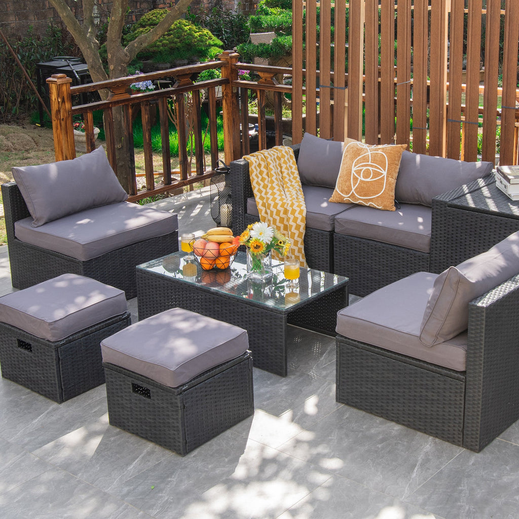 Costway 8-Piece Patio Rattan Furniture Set Storage Table Gray 60532897 New
