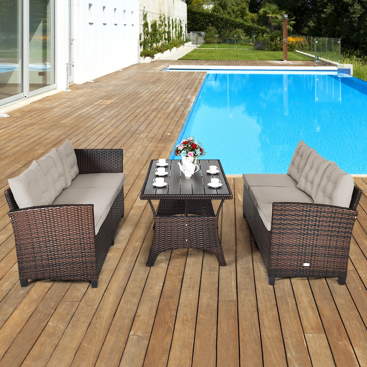 Costway 3-Piece Hand-Woven Rattan Outdoor Sofa Set with Dining Table 89705631 New