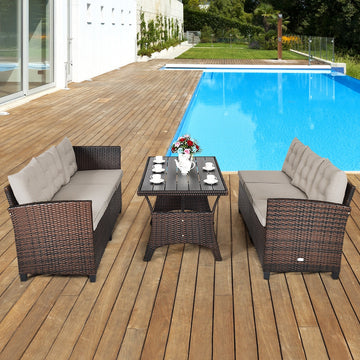 Costway 3-Piece Hand-Woven Rattan Outdoor Sofa Set with Dining Table 89705631 New