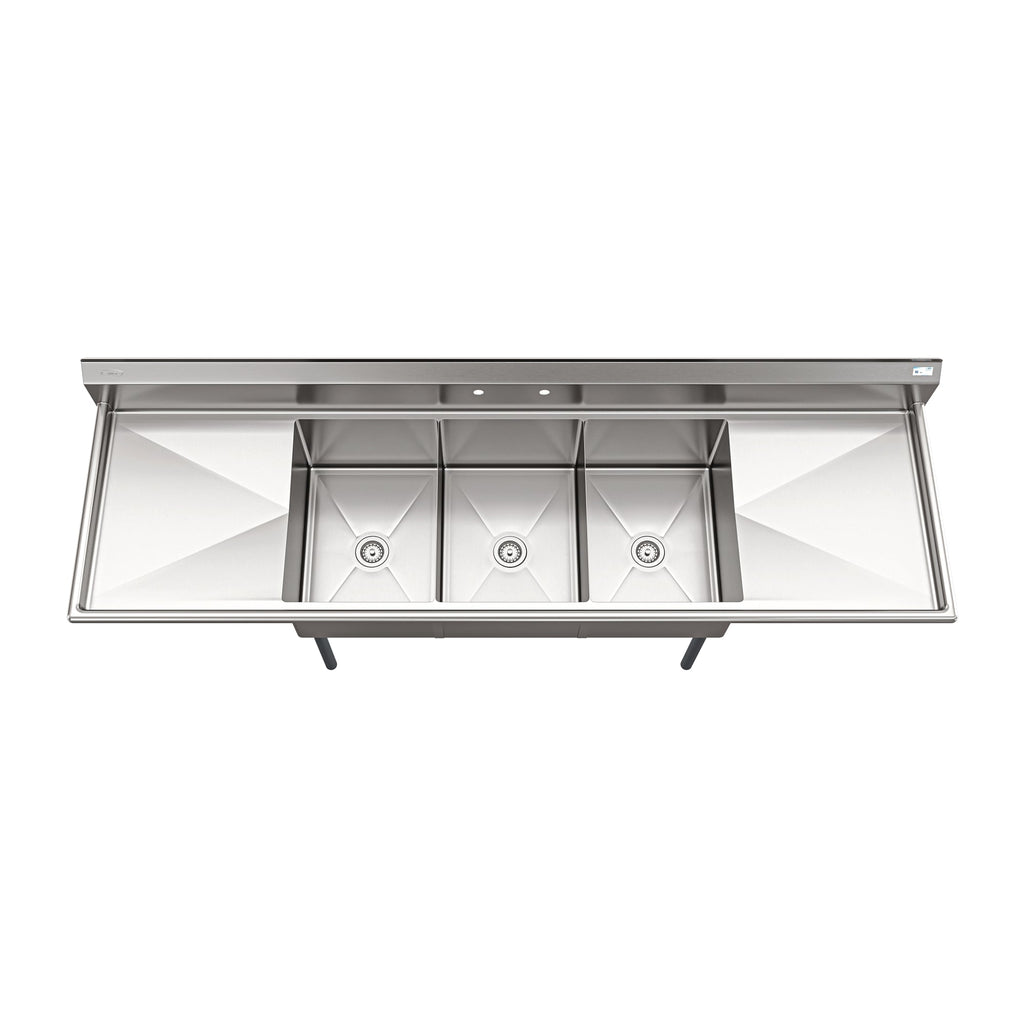 102 in. Three Compartment Commercial Sink Bowl Size 18x24x14 Stainless-Steel 18 Gauge with Two Drainboards