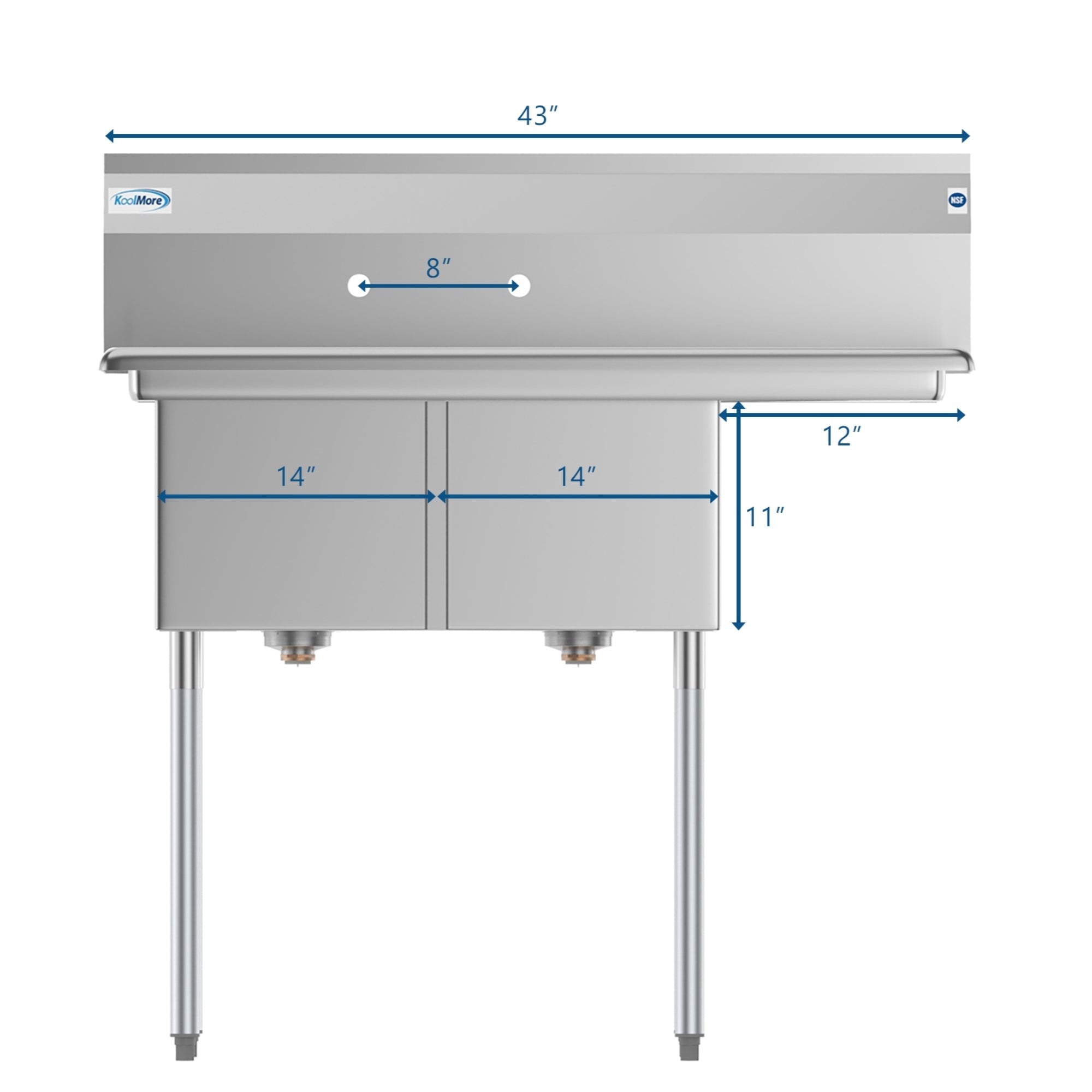 43 in. Two Compartment Stainless Steel Commercial Sink with Drainboard, Bowl Size 14"x 16"x 11"