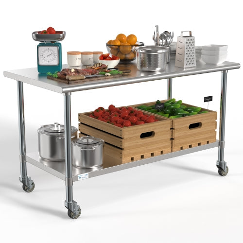 30" x 60" 18-Gauge 304 Stainless Steel Commercial Work Table with Casters