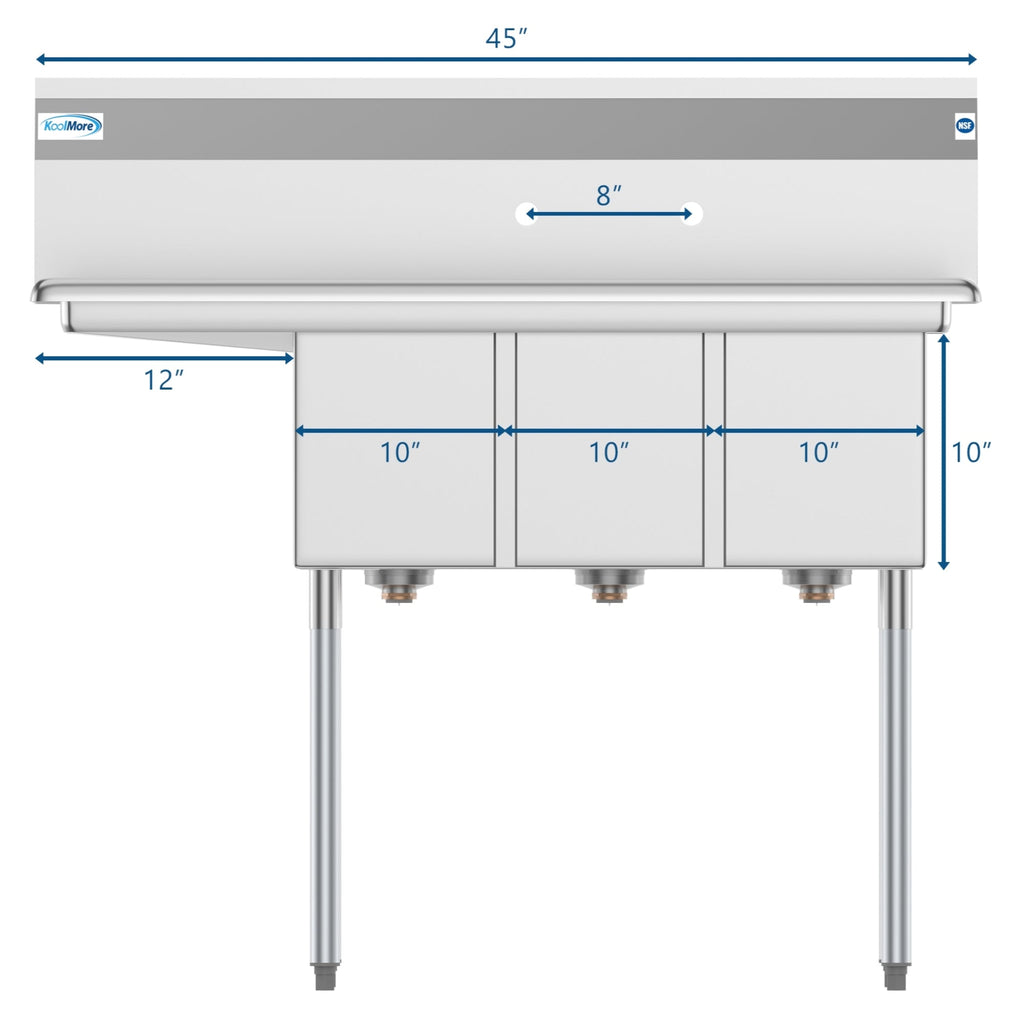 45 in. Three Compartment Stainless Steel Commercial Sink with Drainboard, Bowl Size 10"x 14"x 10"
