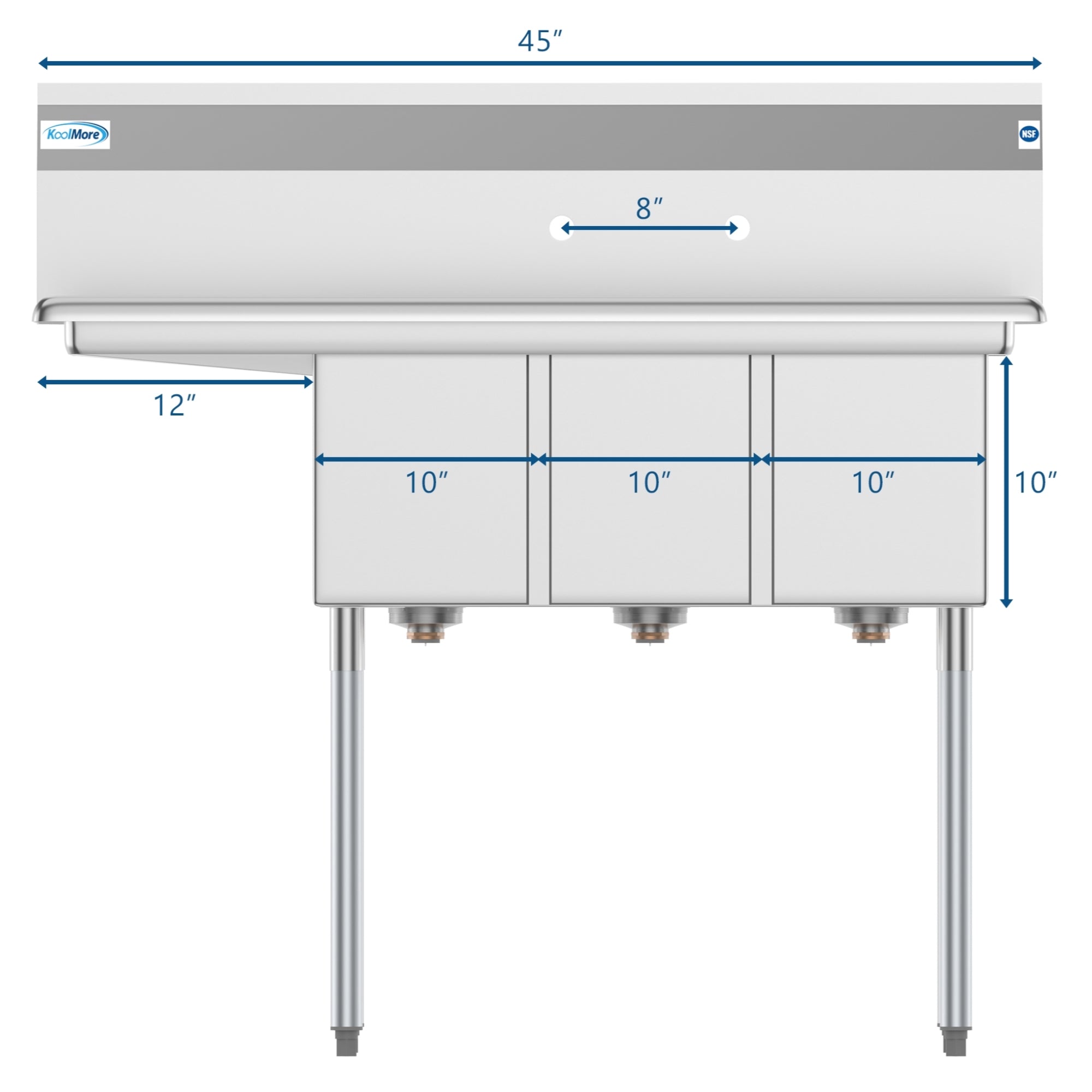 45 in. Three Compartment Stainless Steel Commercial Sink with Drainboard, Bowl Size 10"x 14"x 10"