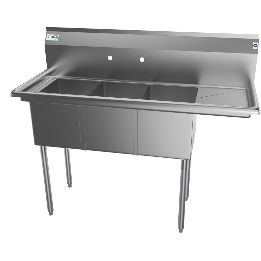 51 in. Three Compartment Stainless Steel Commercial Sink with Drainboard, Bowl Size 12"x 16"x 10"