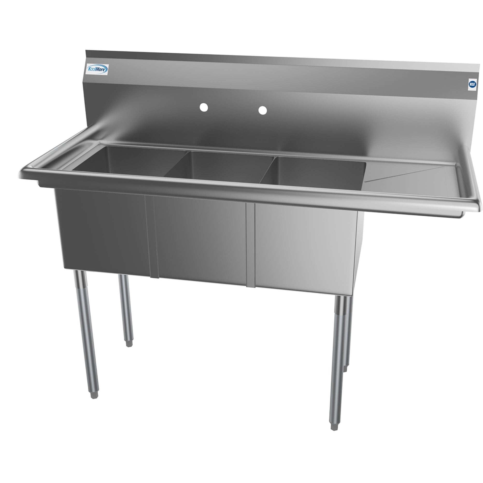 51 in. Three Compartment Stainless Steel Commercial Sink with Drainboard, Bowl Size 12"x 16"x 10"