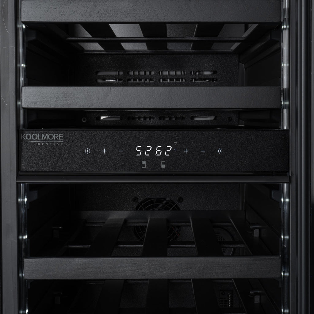 KoolMore Reserve 15 in. Under-Counter Panel Ready Dual Zone Built-in Wine Cooler with Black Shelves and 23 Bottle Capacity in Black