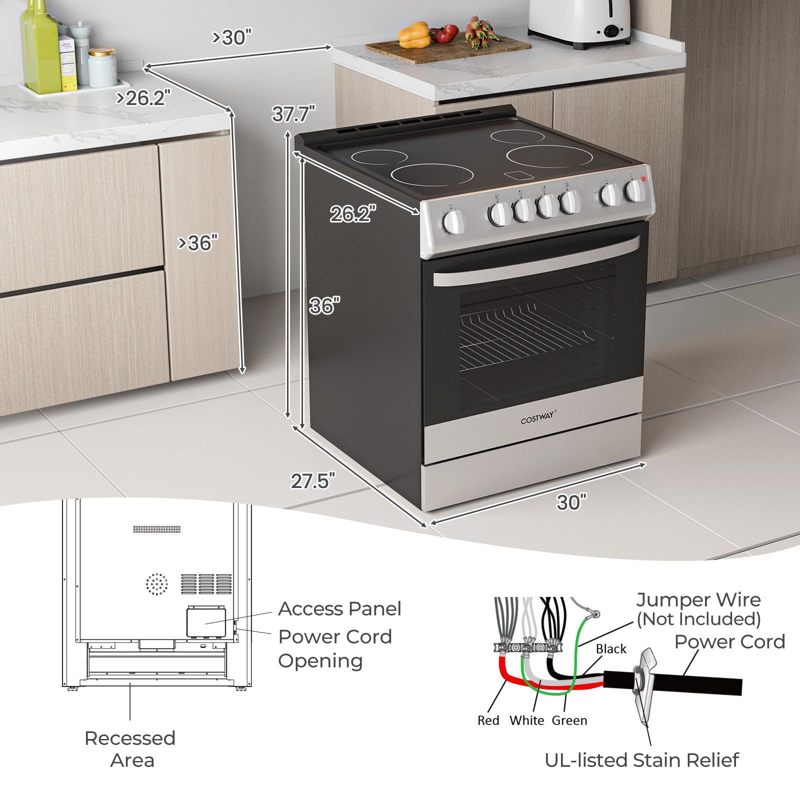 Costway 30" Freestanding Slide-In Electric Range 4-Burner Ceramic Cooktop 782946153 New