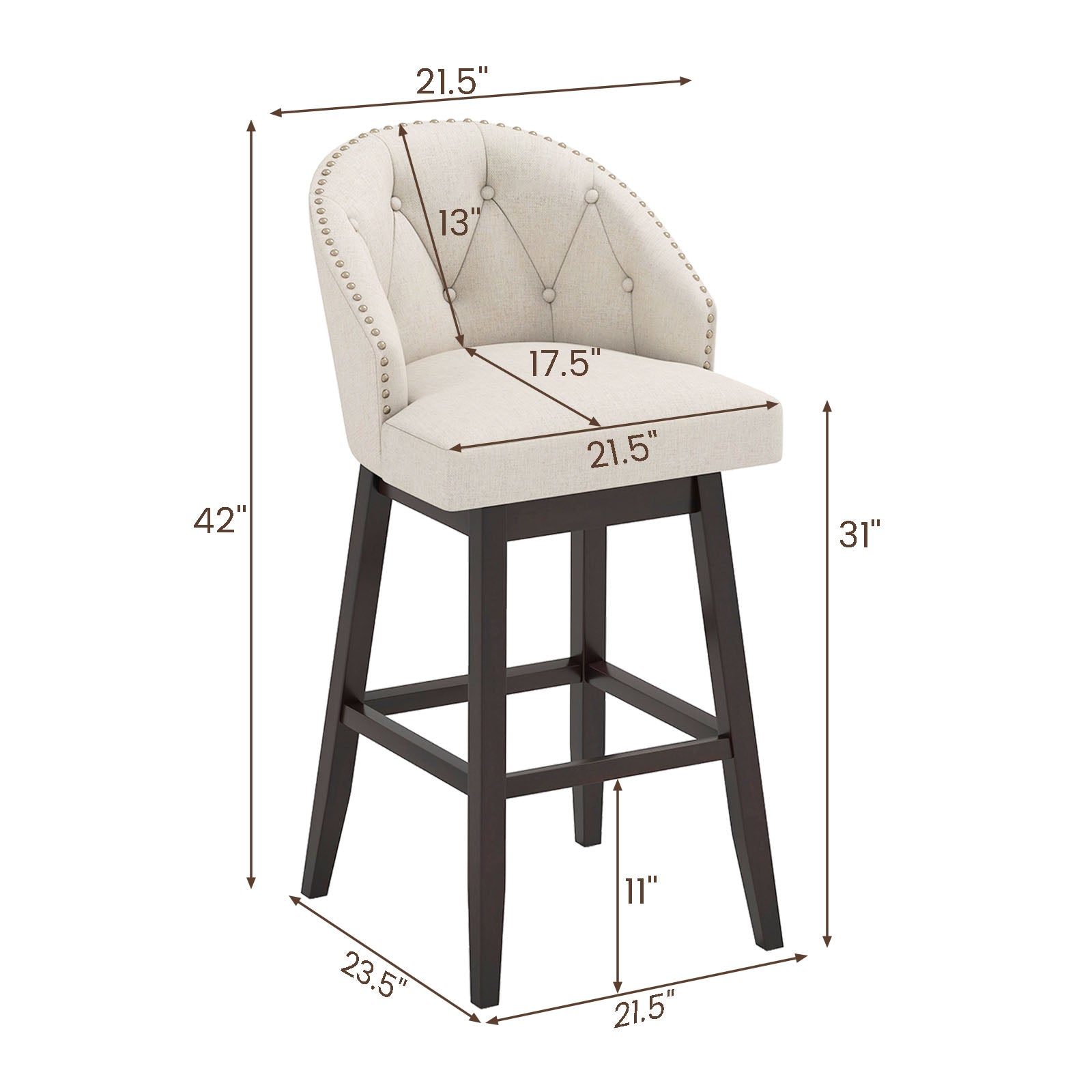 Costway Set of 4 31" Swivel Padded Bar Stools Rubber Wood Frame 54229272 New