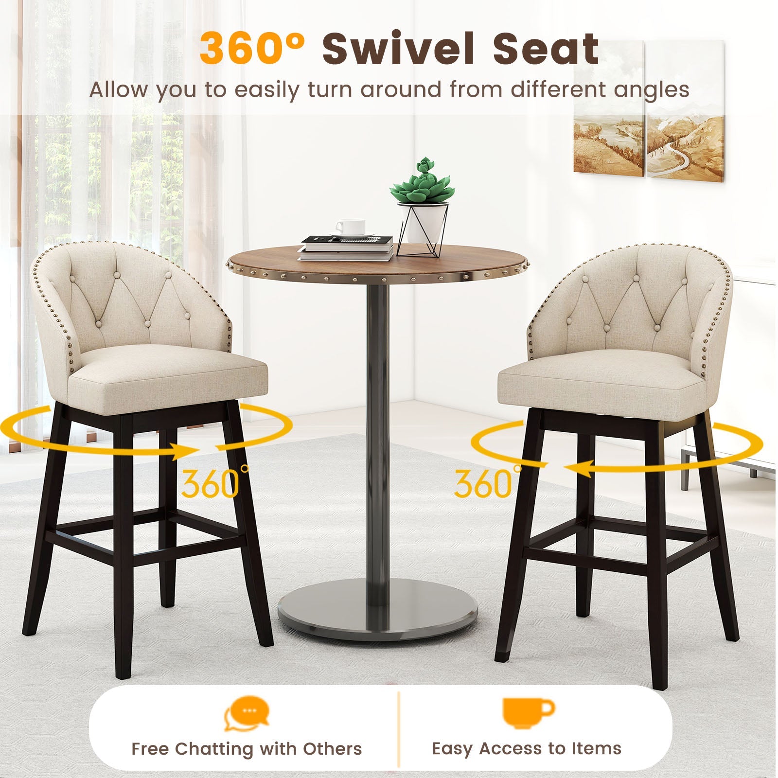 Costway Set of 4 31" Swivel Padded Bar Stools Rubber Wood Frame 54229272 New