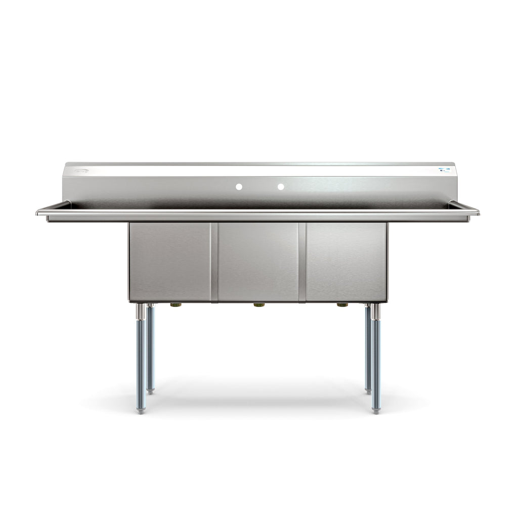 75 in Three Compartment Commercial Sink, Bowl Size 15x15x14, 18 Gauge Stainless-Steel with 2 Drainboards