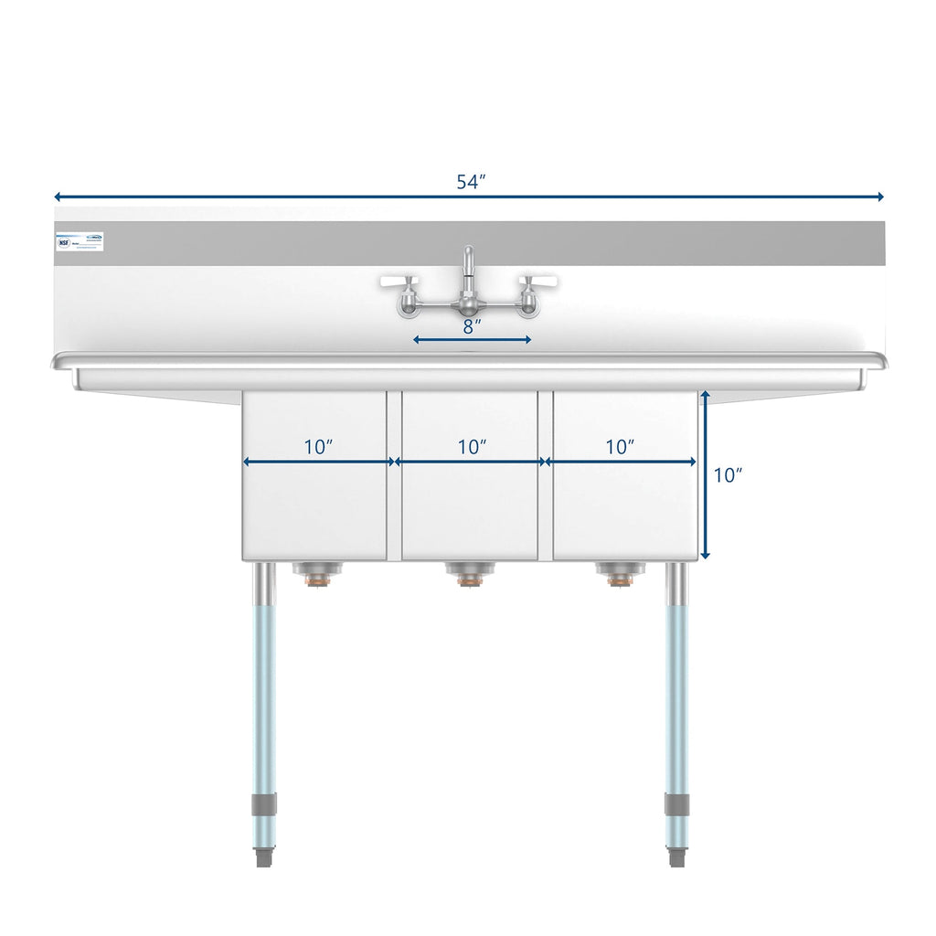 54 in. Three Compartment Stainless Steel Commercial Sink with Faucet and Drainboards, Bowl Size 10"x 10"x 14" SC101410-12B3FA .