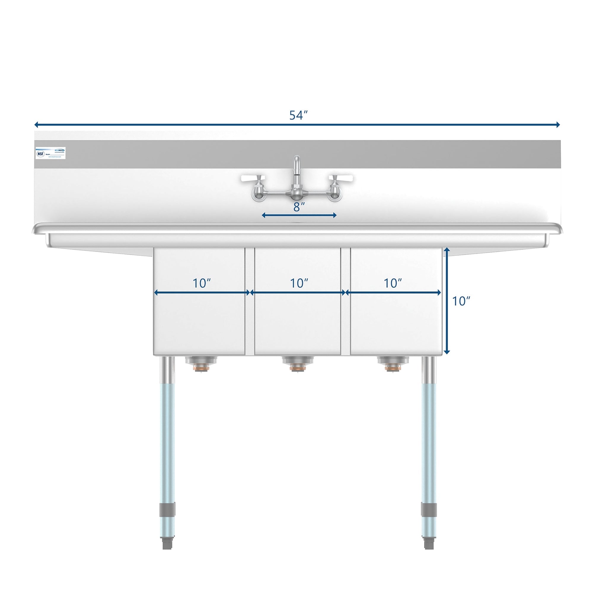 54 in. Three Compartment Stainless Steel Commercial Sink with Faucet and Drainboards, Bowl Size 10"x 10"x 14" SC101410-12B3FA .