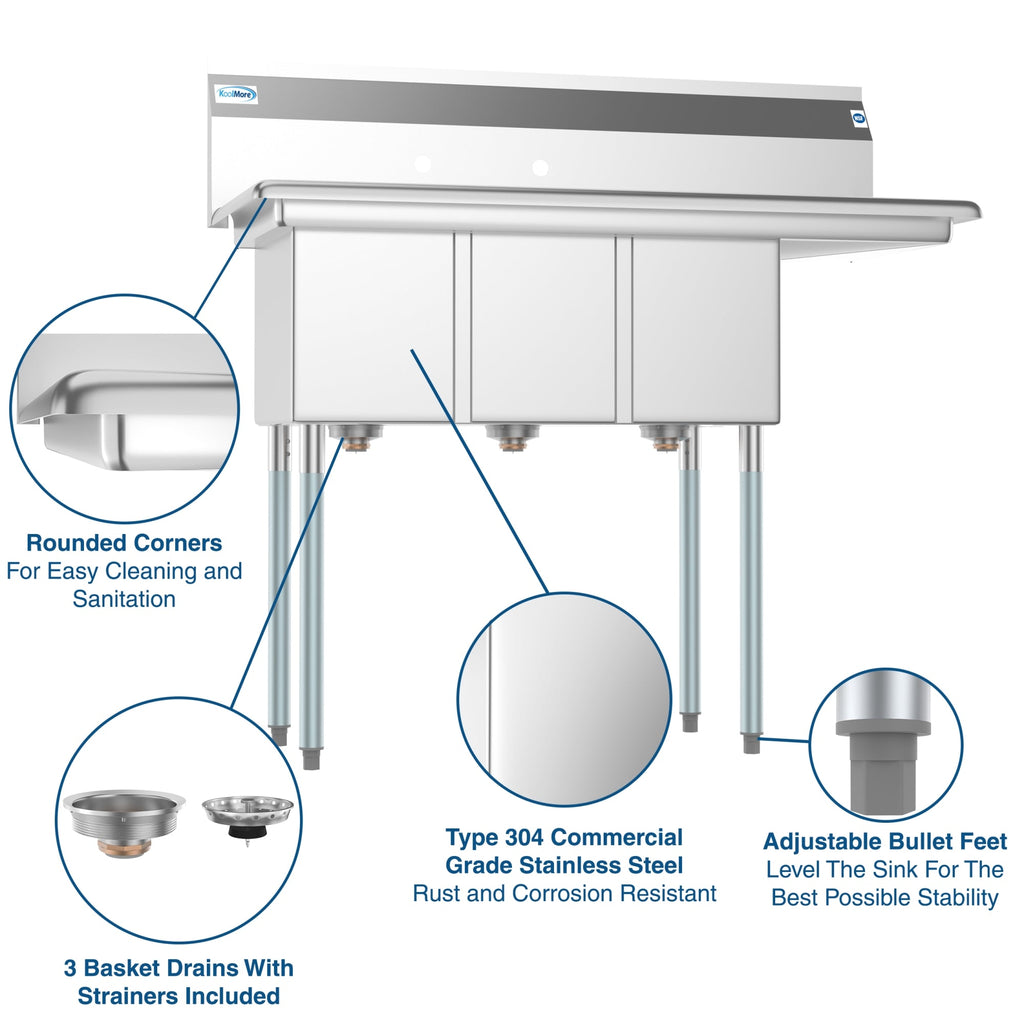 45 in. Three Compartment Stainless Steel Commercial Sink with Drainboard, Bowl Size 10"x 14"x 10"