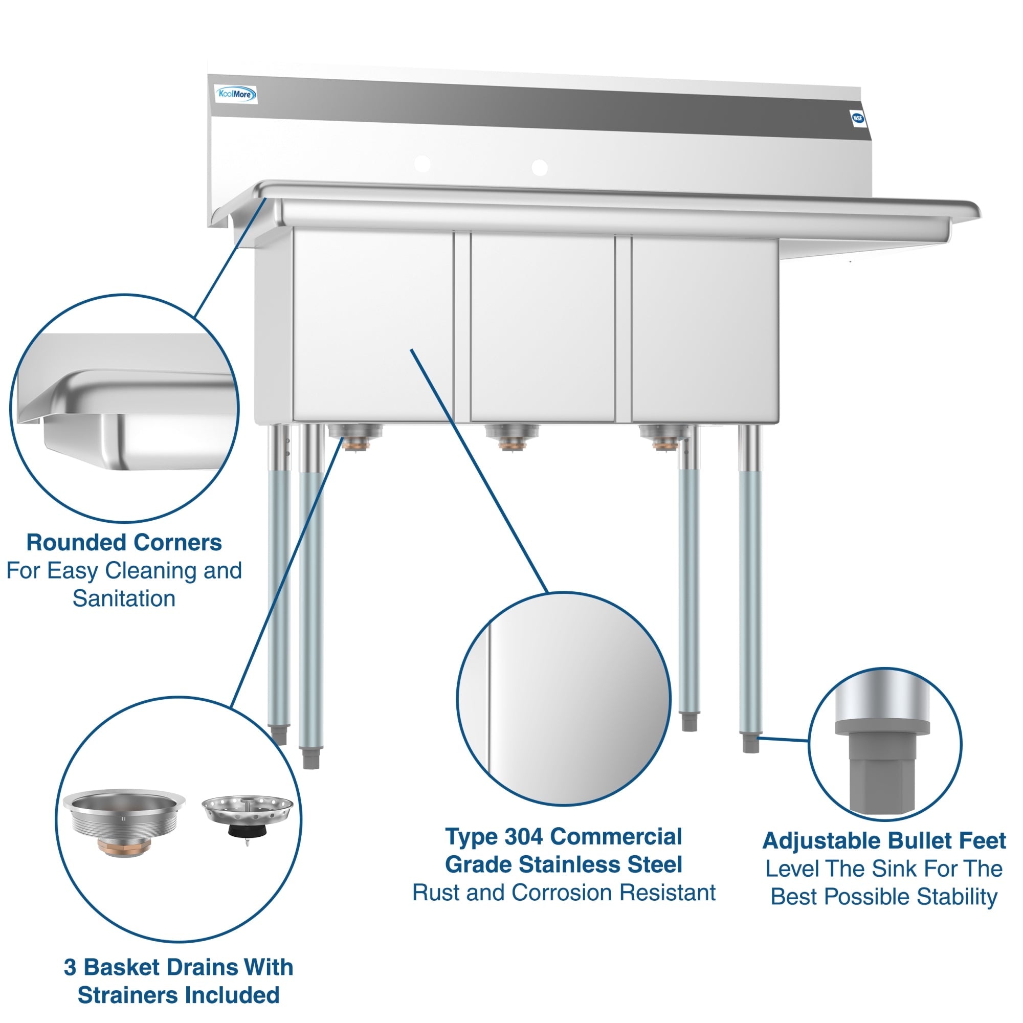 45 in. Three Compartment Stainless Steel Commercial Sink with Drainboard, Bowl Size 10"x 14"x 10"