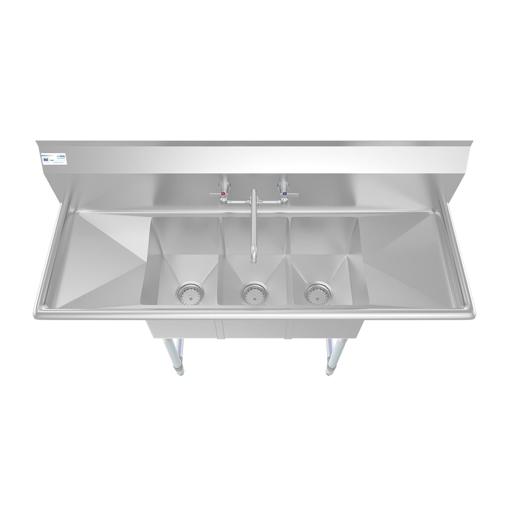 54 in. Three Compartment Stainless Steel Commercial Sink with Faucet and Drainboards, Bowl Size 10"x 10"x 14" SC101410-12B3FA .