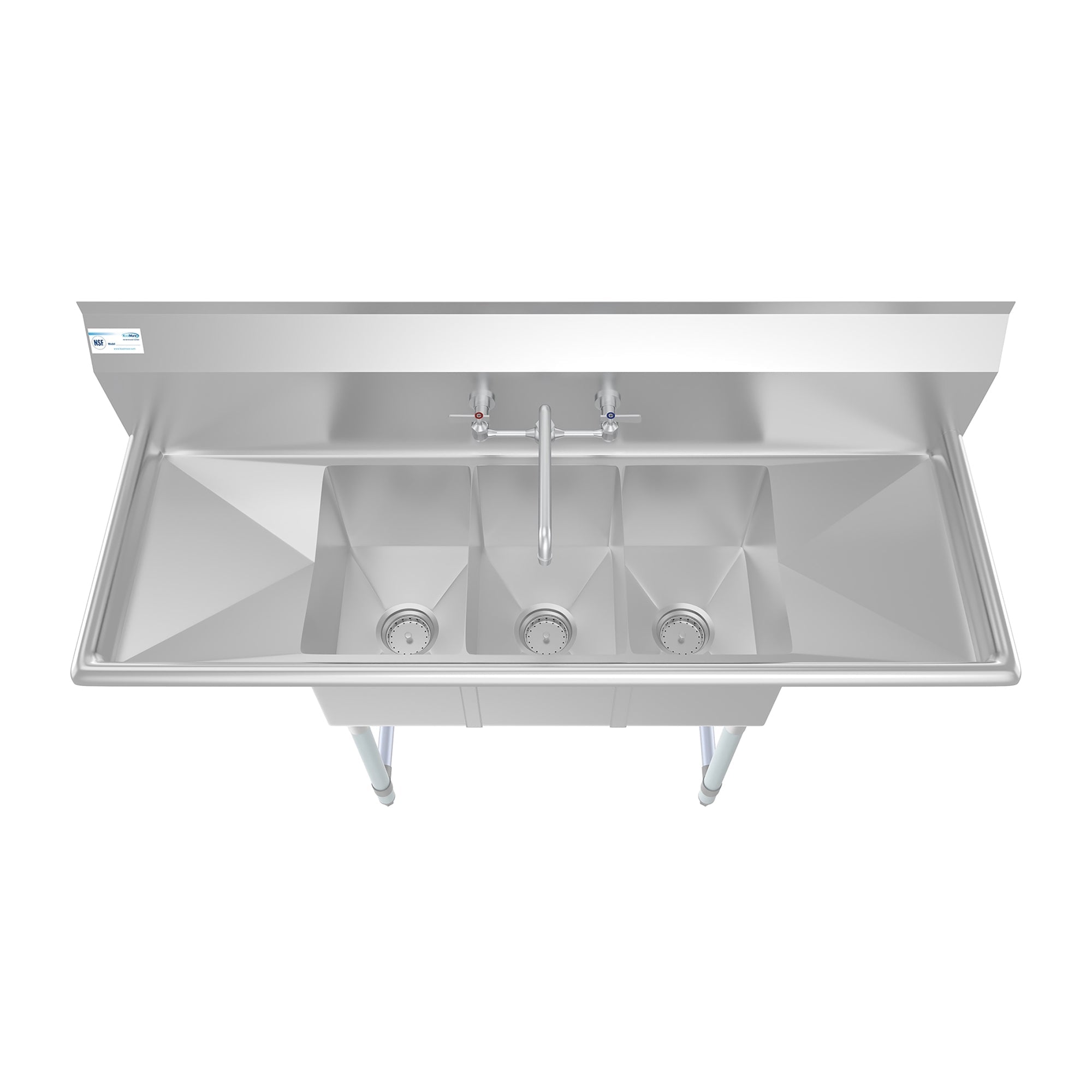 54 in. Three Compartment Stainless Steel Commercial Sink with Faucet and Drainboards, Bowl Size 10"x 10"x 14" SC101410-12B3FA .