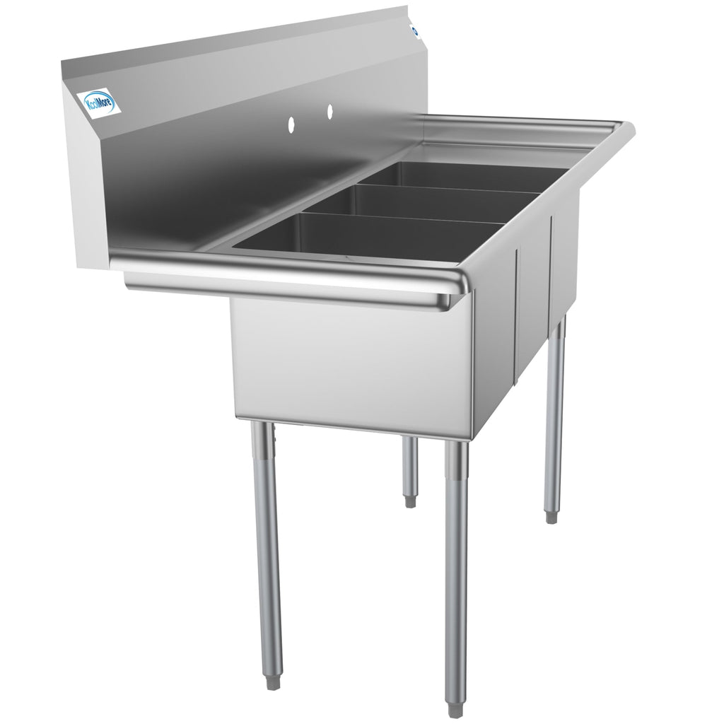 60 in. Three Compartment Stainless Steel Commercial Sink With Drainboards, Bowl Size 12"x 16"x 10"