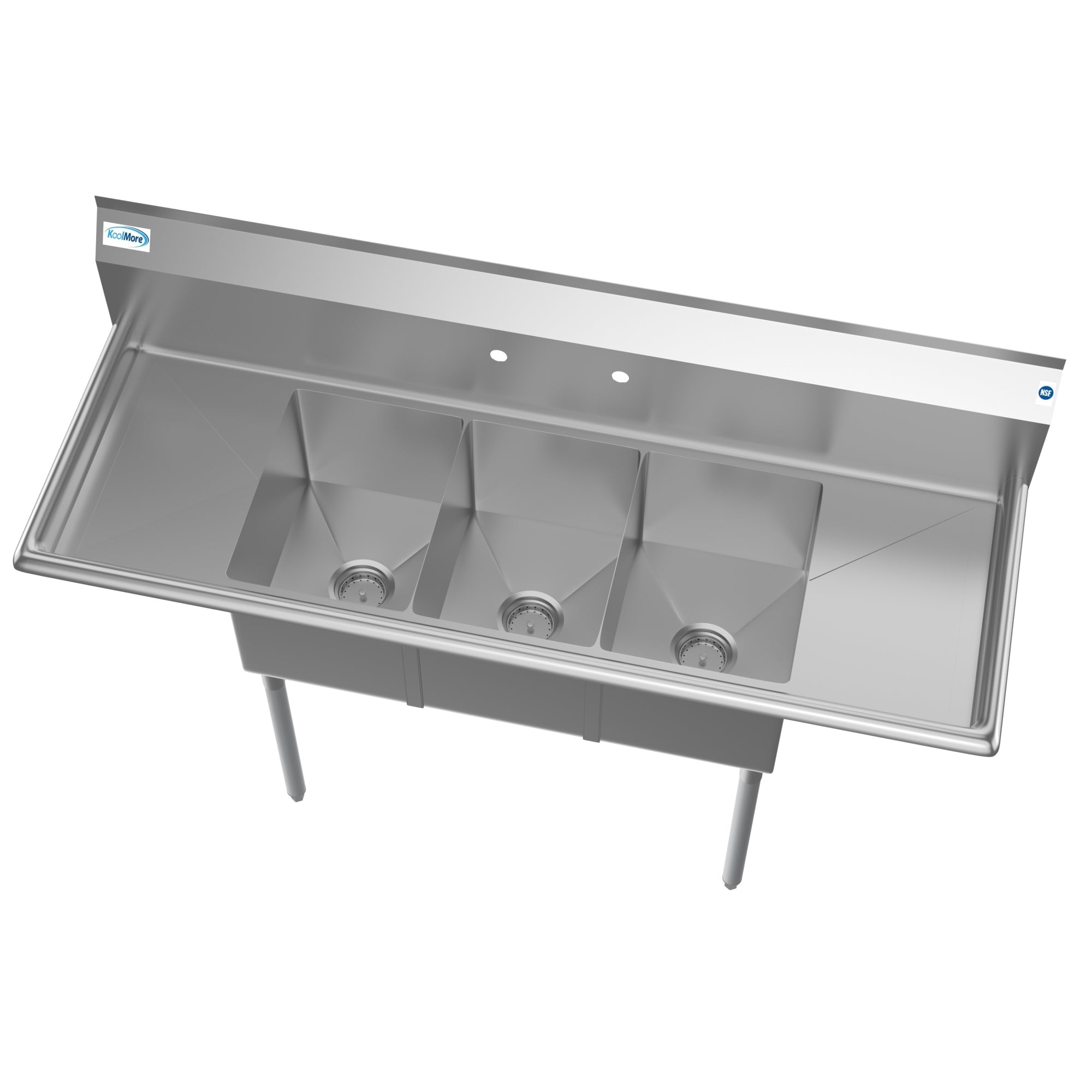 60 in. Three Compartment Stainless Steel Commercial Sink With Drainboards, Bowl Size 12"x 16"x 10"