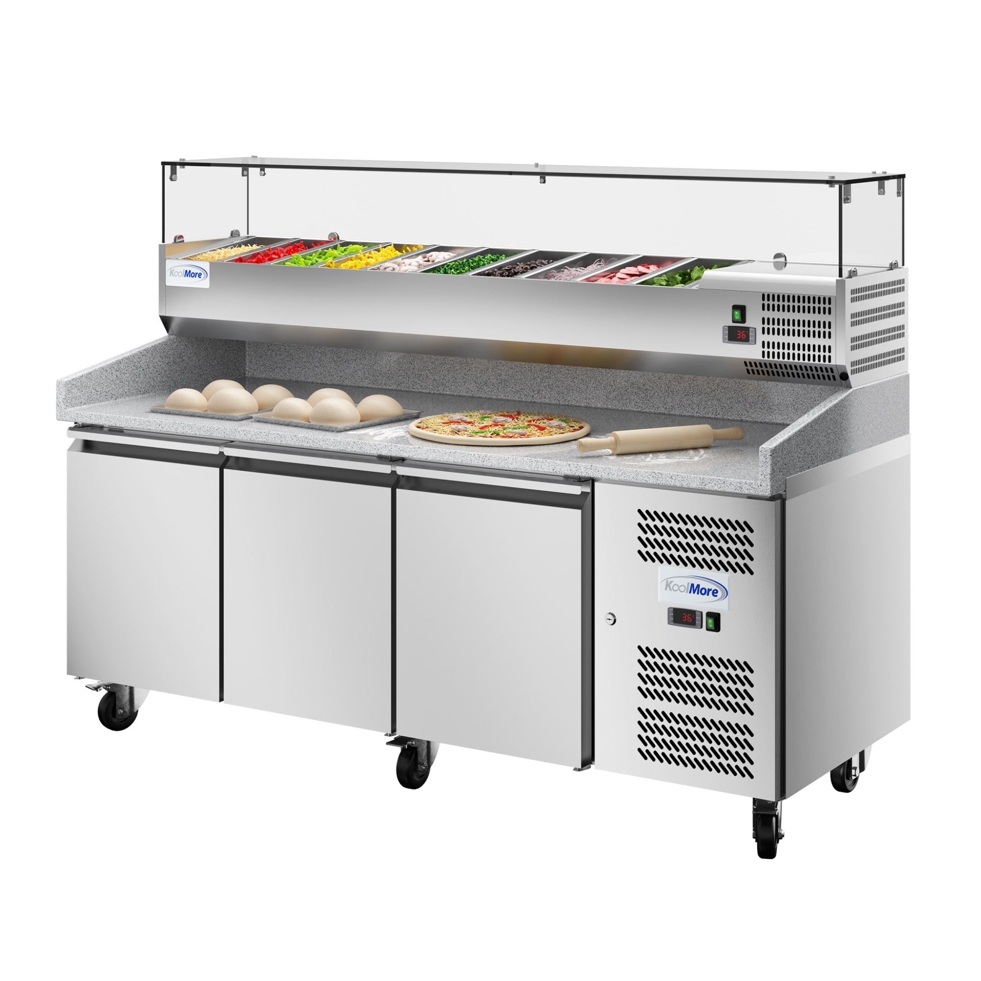79 in. Three-Door Commercial Refrigerated Granite Top Pizza Prep Station With a Refrigerated Stainless-Steel Condiment Pan Holder