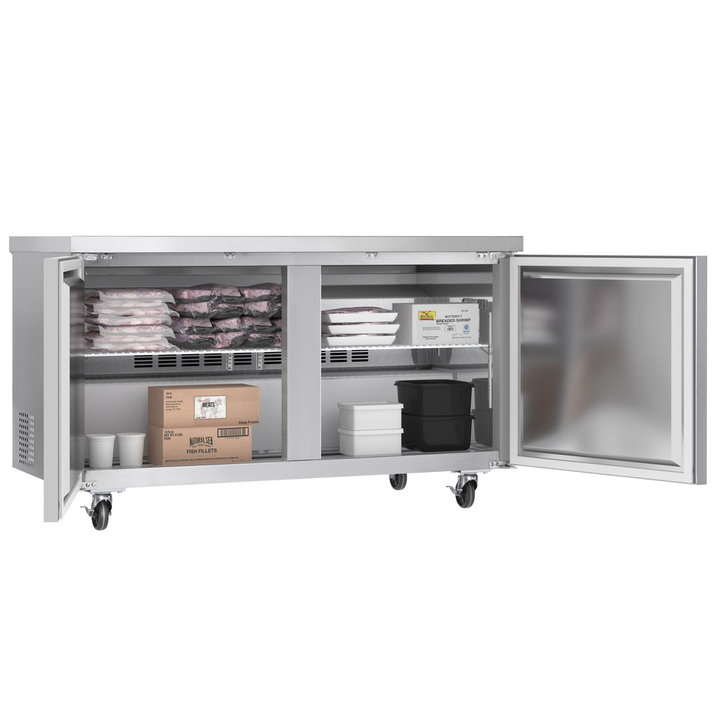 60 in. Two-Door Commercial Undercounter Freezer in Stainless Steel with Casters, ETL Listed