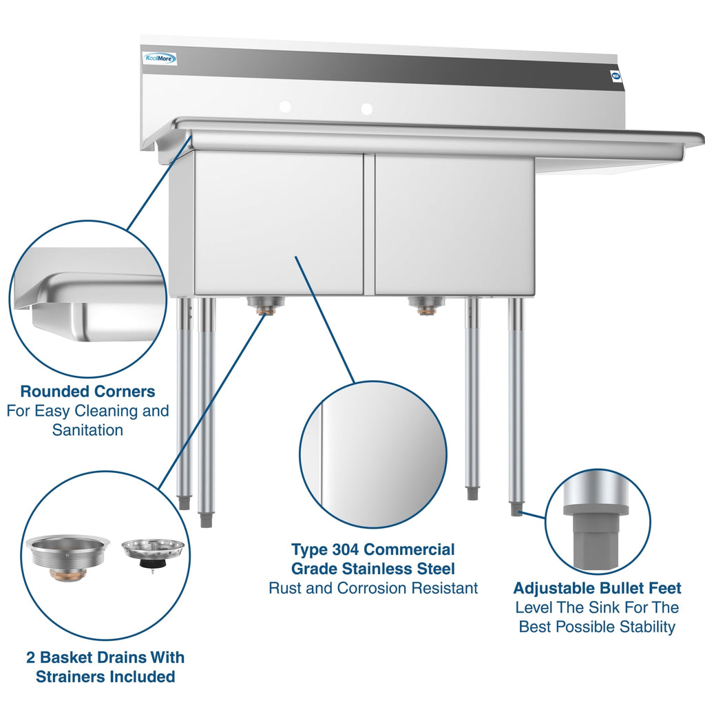 48 in. Two Compartment Stainless Steel Commercial Sink with Drainboard, Bowl Size 15"x 15"x 12"