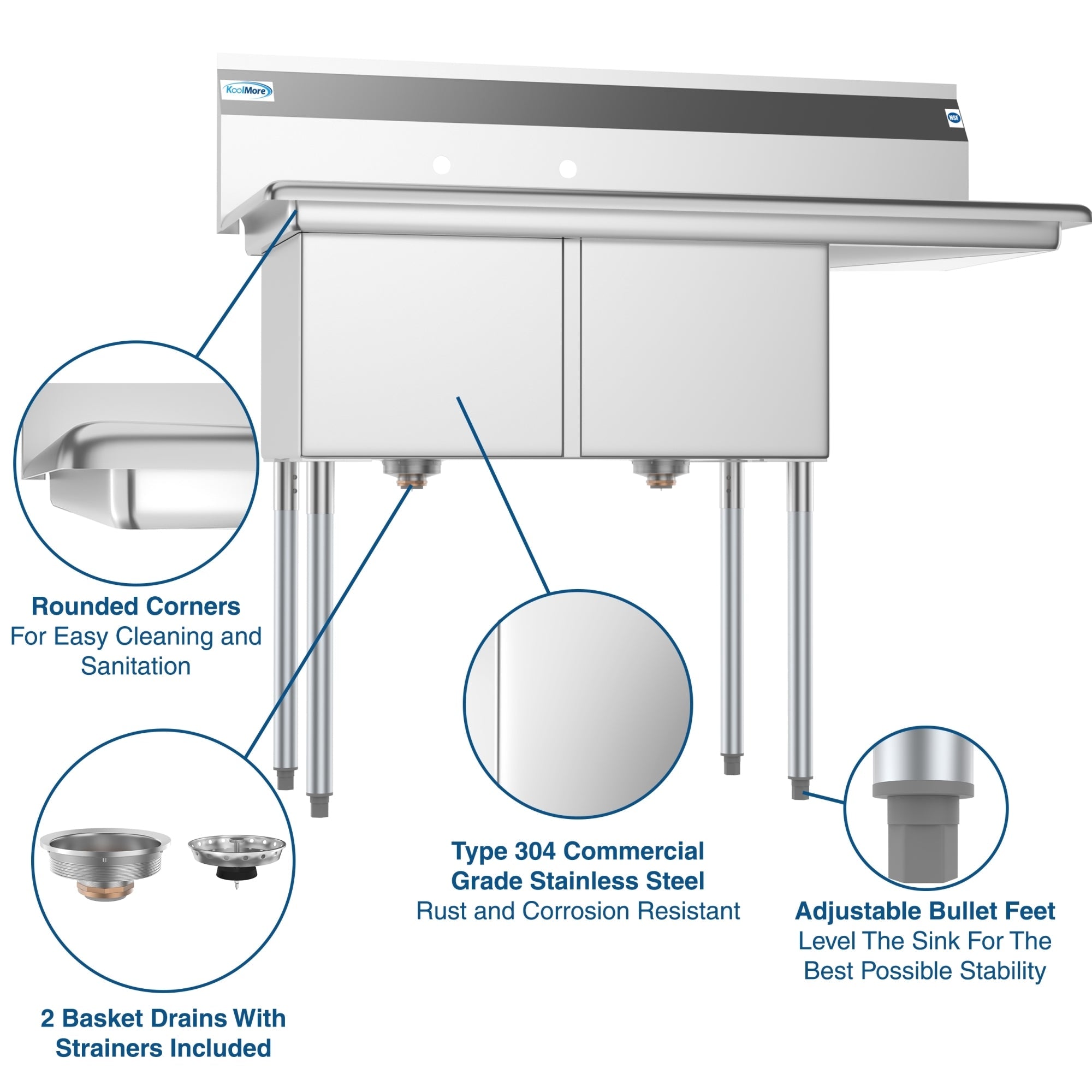 48 in. Two Compartment Stainless Steel Commercial Sink with Drainboard, Bowl Size 15"x 15"x 12"