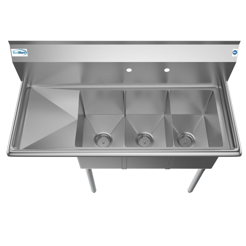45 in. Three Compartment Stainless Steel Commercial Sink with Drainboard, Bowl Size 10"x 14"x 10"