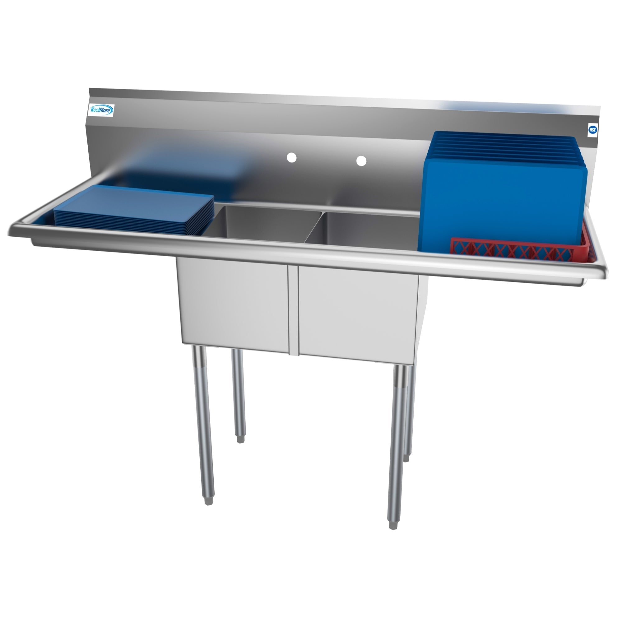 56 in. Two Compartment Stainless Steel Commercial Sink with 2 Drainboards, Bowl Size 12"x 16"x 10"