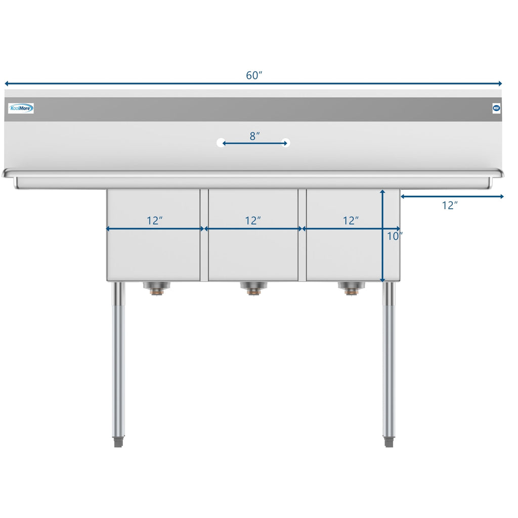 60 in. Three Compartment Stainless Steel Commercial Sink With Drainboards, Bowl Size 12"x 16"x 10"