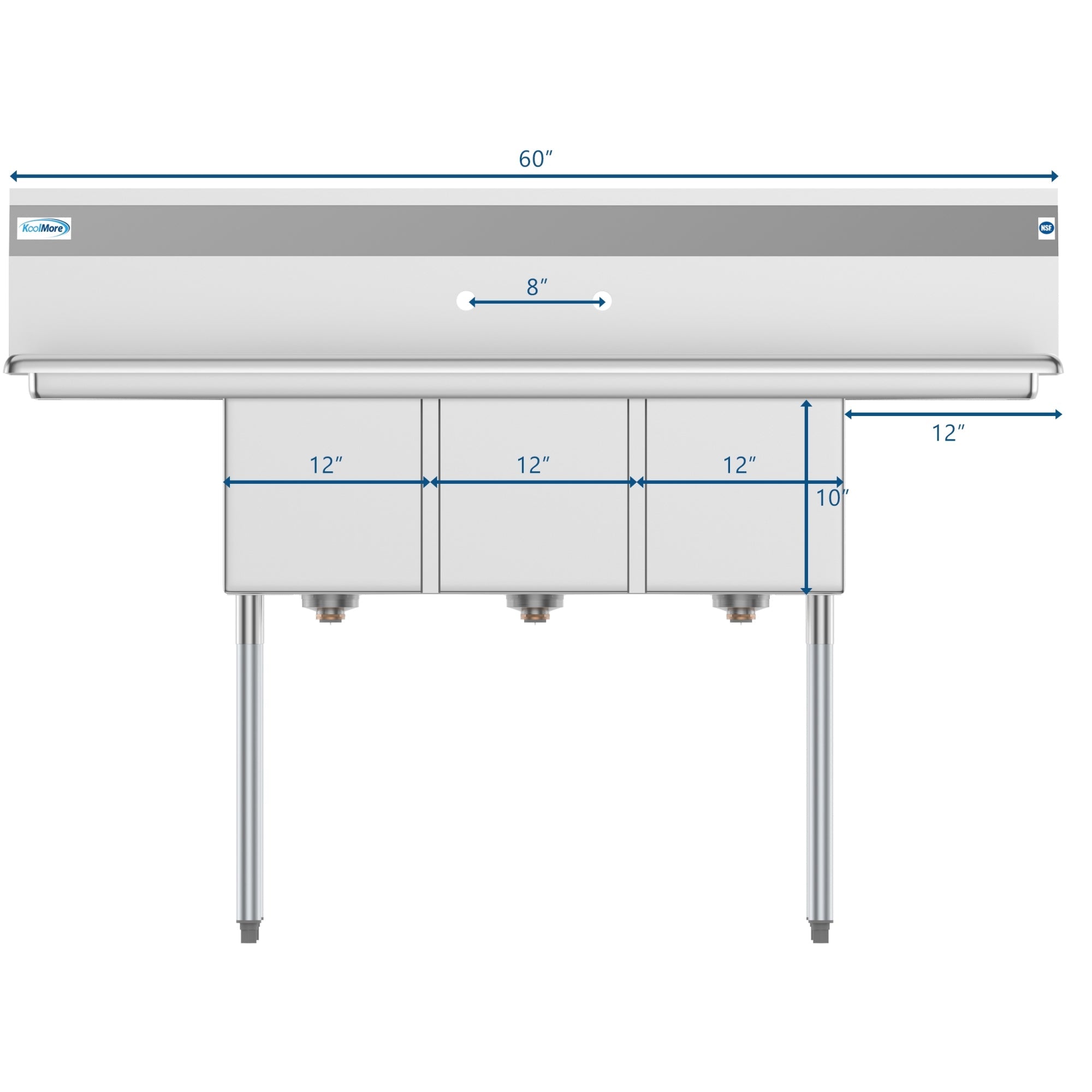 60 in. Three Compartment Stainless Steel Commercial Sink With Drainboards, Bowl Size 12"x 16"x 10"