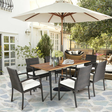 Costway 7-Pc Patio Rattan Cushioned Dining Set w/ Umbrella Hole 39746208 New