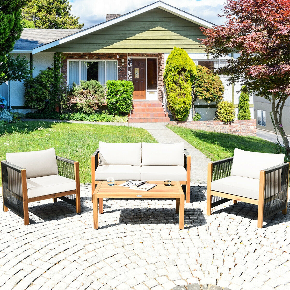 Costway 4-Piece Acacia Wood Outdoor Patio Sofa Set with Cushions 27630584 New
