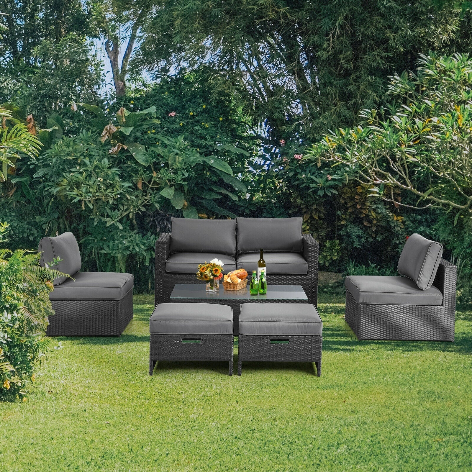 Costway 6-Piece Patio Rattan Sofa Furniture Set Glass Table Cushioned Gray 24567109 New
